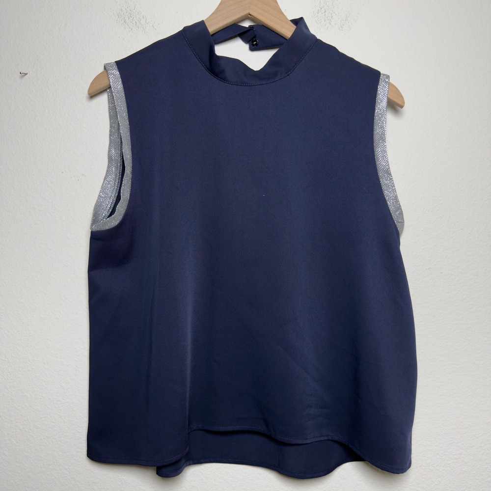 NEW Gracia Women Top Large Blue Silver Sleeveless Mock‎ Neck Top Sparkle Party